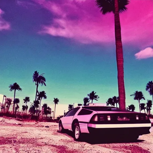 Prompt: car wide shot epic post apocalyptic landscape wasteland miami nuke fire craters end of the world miami beach sunset vapor wave fucked up palm trees 80s synth retrowave delorean decal