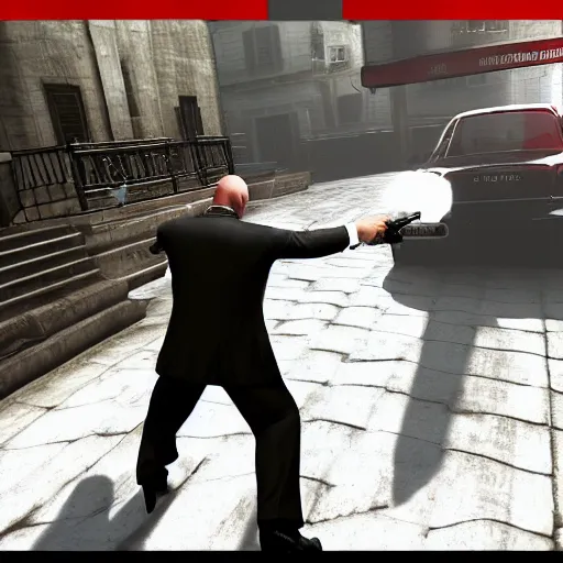 Prompt: morgan freeman being eliminated by agent 47 in the videogame Hitman blood money (2005), screenshot, 4k