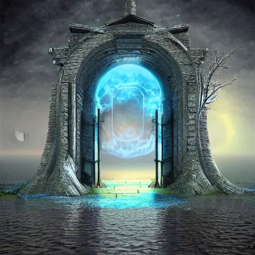 Image similar to surreal painting of a dimensional gateway leading into a 3d rendered surreal landscape environment by ferjo