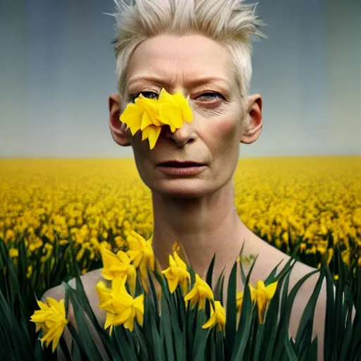 Image similar to medium shot, tilda swinton face fused with daffodil, head covered with leaves, inside the flower, daffodils field, highly detailed, shallow depth, bokeh, codachrome, polaroid, unreal engine, 3 d art, digital art, painting by greg rutkowski