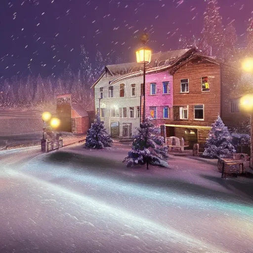 Prompt: town frozen, night time, photo realistic, glow