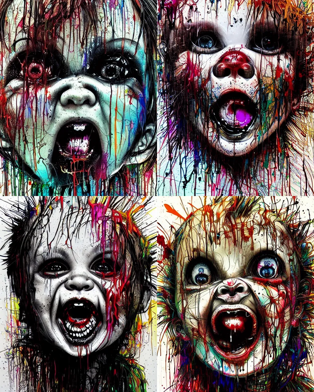 Prompt: symmetrical!! portrait of a screaming chucky doll by carne griffiths, masterpiece, dripping paint, realistic eyes