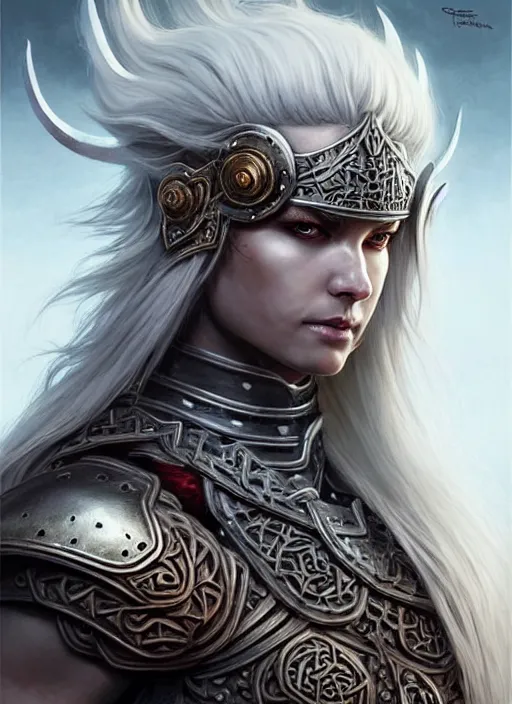 Image similar to barbarian, plated armor!!! long wild white hair!! covered chest!!! fantasy, d & d, intricate ornate details, digital painting, pretty face!!, symmetry, concept art, sharp focus, illustration, art by artgerm! greg rutkowski magali villeneuve wlop! ilya kuvshinov!!, octane render