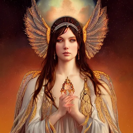 Image similar to A beautiful digital painting of a female Seraphim full of jewels, princess, the moon behind her, intricate, cinematic lighting, highly detailed, digital painting, Artstation, concept art, smooth, sharp focus, illustration, art by Tom Bagshaw, Artgerm and Greg Rutkowski