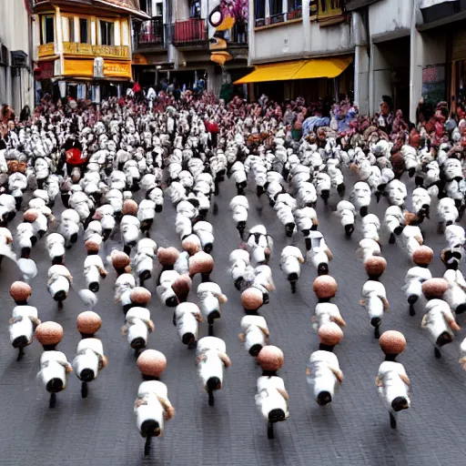 Image similar to the running of the screaming bob ross dolls in pamplona spain