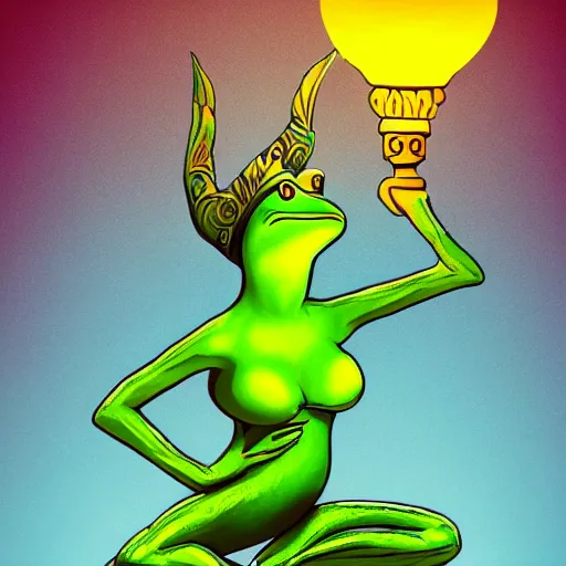 Image similar to a green frog-like genie woman rising out of a lamp, fantasy illustration