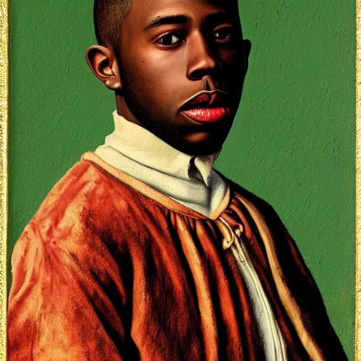 Image similar to a renaissance style portrait painting of tyler the creator