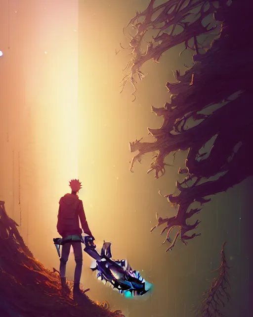 Image similar to highly detailed chainsaw man, stephen bliss, unreal engine, greg rutkowski, loish, rhads, beeple, makoto shinkai and lois van baarle, ilya kuvshinov, rossdraws, tom bagshaw, alphonse mucha, global illumination, god rays, detailed and intricate environment