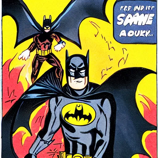 Prompt: sassy batman discovers fire, screaming, comic book, high quality scan,