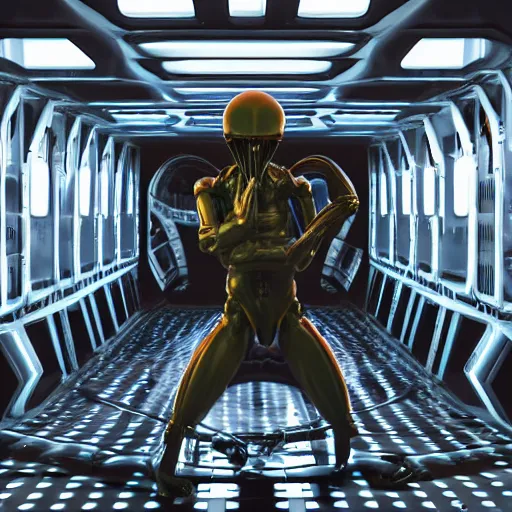 Image similar to xenomorph inside a space station, unreal, cinema 4d render, Ray tracing reflection, natural lighting, Cinematic shot