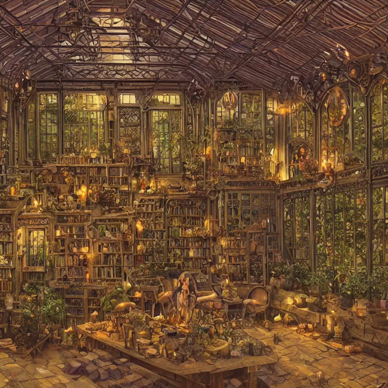 Prompt: breathtaking detailed painting of an alchemist workshop in wooden art nouveau greenhouse at night, with many books and vials, spirits of amethyst and candles, elegant, highly detailed, artstation, sharp focus, art by celestialfang, matchach, juanmao, dustin panzino