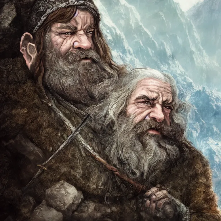 Prompt: dwarf in mountains, lord of the rings style, fantasy, poster, character portrait, portrait, close up, concept art, intricate details, highly detailed, full body, 8 k, detailed face, body