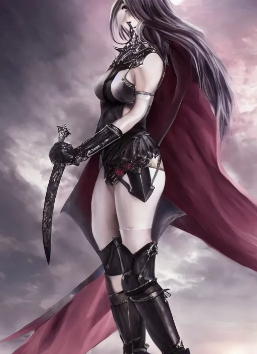 Prompt: full - body portrait, female vampire knight holding a large greatsword, lean and muscular, flying, kickboxing foot wraps, heavy plate armor, historical armor, metal mask, enchanting, elegant, seductive, smiling, ghostblade, wlop, modern fantasy, realistic proportions.