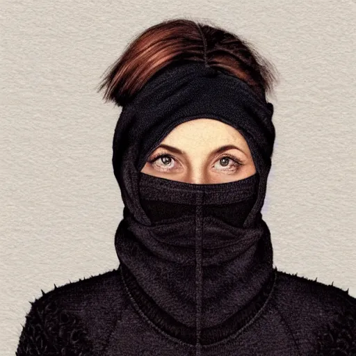 Image similar to Frontal portrait of a woman. All black clothing. Sweater, bandana, gaiter mask, heavy eye shadow and spiky hair. Norman Rockwell painting.