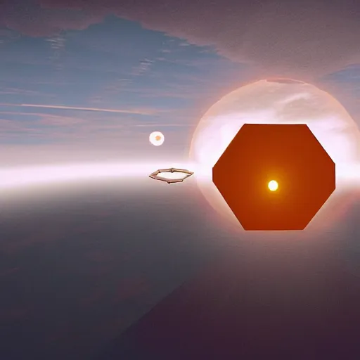 Image similar to hexagon sun shields floating above earth, unreal engine, digital art, solar eclipse, simon stalenhag