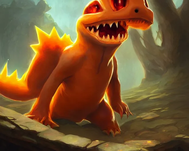 Image similar to charmander is very angry, deep focus, d & d, fantasy, intricate, elegant, highly detailed, digital painting, artstation, concept art, matte, sharp focus, illustration, hearthstone, art by artgerm and greg rutkowski and alphonse mucha