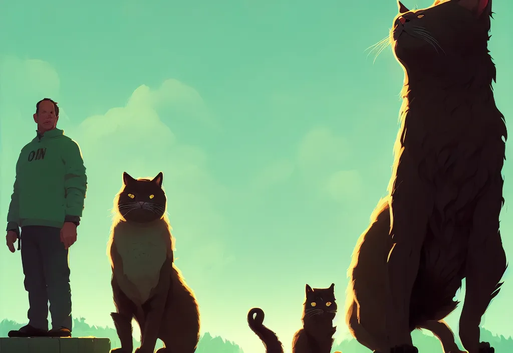 Image similar to portrait of joe biden and giant cat standing together, fantasy, by atey ghailan, by greg rutkowski, by greg tocchini, by james gilleard, by joe gb fenton, dynamic lighting, gradient light green, brown, blonde cream, salad and white colors in scheme, grunge aesthetic