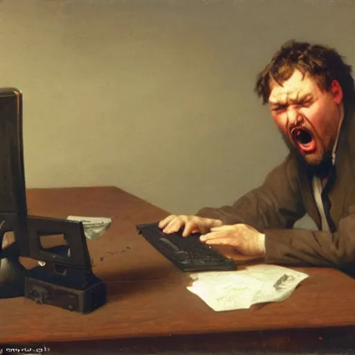 Image similar to an angry man yells at his computer monitor, oil on canvas, 1 8 8 3, highly detailed