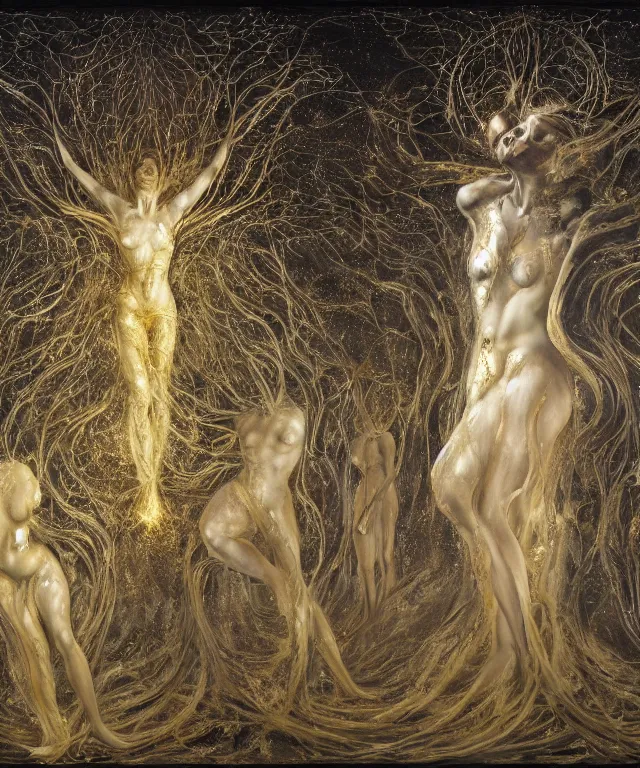 Image similar to Beautiful full-body wax sculpture of a glowing transparent infinite plant with women faces as leaves with visible gold bones covered with melted white wax inside the singularity where stars becoming baroque folds of dark matter by Michelangelo da Caravaggio, Nicola Samori, William Blake, Alex Grey and Beksinski, dramatic volumetric lighting, highly detailed oil painting, 8k, masterpiece