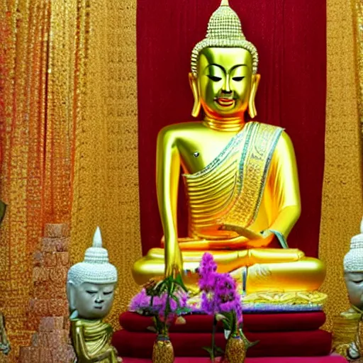 Image similar to Donald Trump as a golden thai Buddha statue, in Buddhist temple, colourized, photo