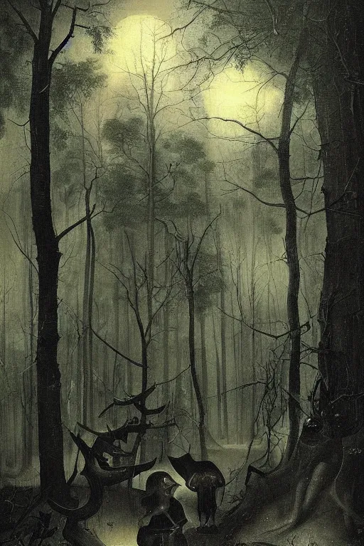 Image similar to dark and spooky painting of a forest dimly lit at night with scary hieronymus bosch creatures hiding in the woods. muted colour palette, detailed oil painting by asher brown durand