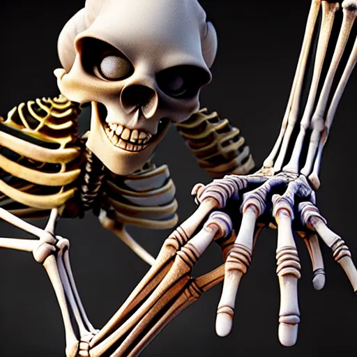 Image similar to weta disney pixar movie still macro close photo of a skeleton with triopan cones for hands. his hands are triopan cones. : : by weta, greg rutkowski, wlop, ilya kuvshinov, rossdraws, artgerm, octane render, iridescent, bright morning, anime, liosh, mucha : :