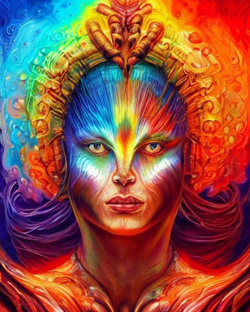 Image similar to rainbow fire, by antonio j. manzanedo, alex grey, android jones, wayne barlowe, philippe druillet, raymond swanland, cyril rolando, josephine wall, harumi hironaka, cronenburg, trending on artstation