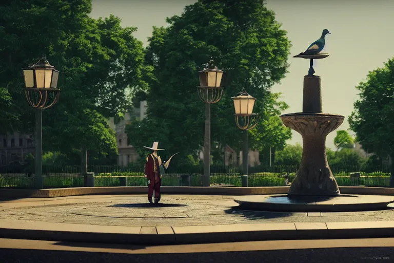 Prompt: three guilders : a magician, a murderer and a warrior, stand in the middle of the square in front of the fountain, daytime, lots of greenery, doves, peter morbacher style, ray tracing, octane render, cinematic, digital art, realistic, high quality, 8 k