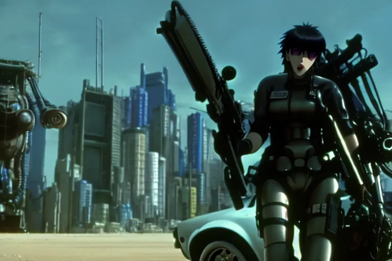 Image similar to masamune shirow movie still from ghost in the shell dieselpunk mad max mustang mach 1 with guns installed makoto shinkai takashi takeuchi studio ghibli, akihiko yoshida