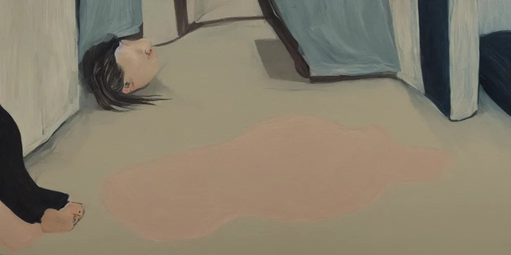 Image similar to painting of sad woman, alone, lying on the floor of a bathroom