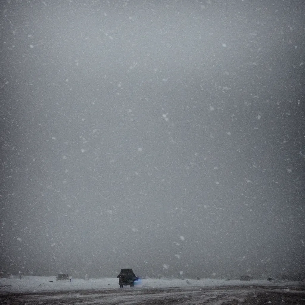 Image similar to photo of shiprock, new mexico during a snowstorm. a old man in a trench coat and a cane appears as a hazy silhouette in the distance, looking back over his shoulder. cold color temperature. blue hour morning light, snow storm. hazy atmosphere. humidity haze. kodak ektachrome, greenish expired film, award winning, low contrast,