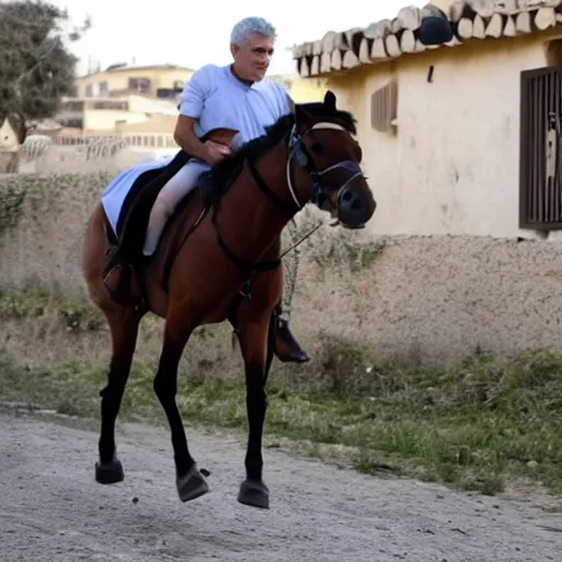 Prompt: Yair Lapid leading an attack on a horse next to missiles being dropped on houses