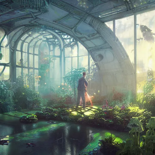 Image similar to , boy with grandma in scifi green house, spaceship, plants, stephen bliss, misty, unreal engine, fantasy art by greg rutkowski, loish, ferdinand knab, and lois van rossdraws, global illumination, radiant light, minimalist, detailed and intricate environment