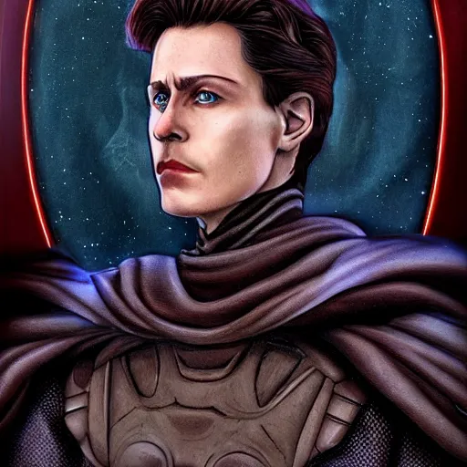 Prompt: realistic paul atreides emperor of the known universe, perfect dramatic and dark portrait by rabbitary b, trending on artstation, deviantart, dune