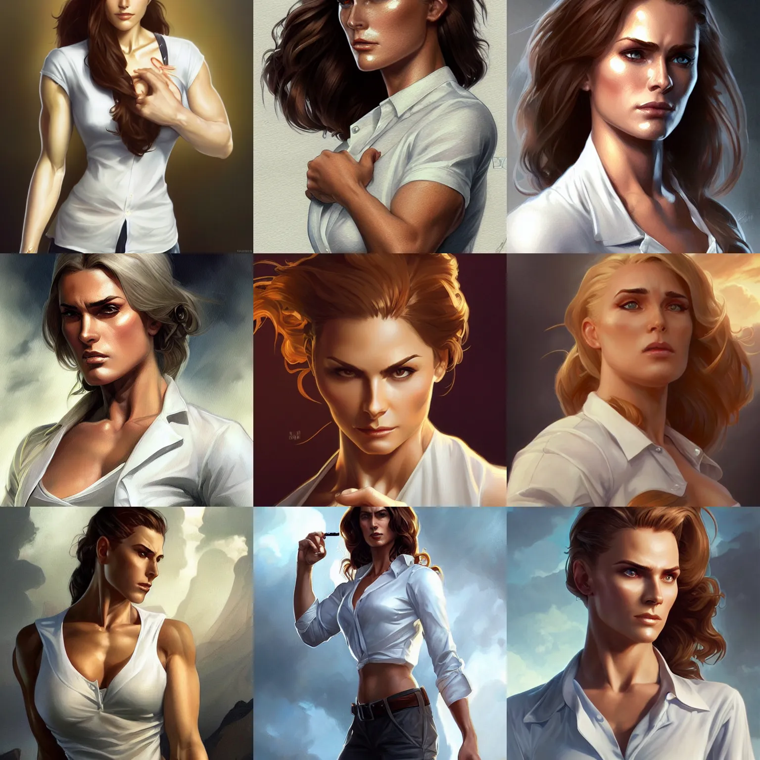 Prompt: female doc savage, white shirt, muscular, fantasy, D&D, portrait, highly detailed, digital painting, artstation, concept art, sharp focus, illustration, art by artgerm and greg rutkowski and alphonse mucha