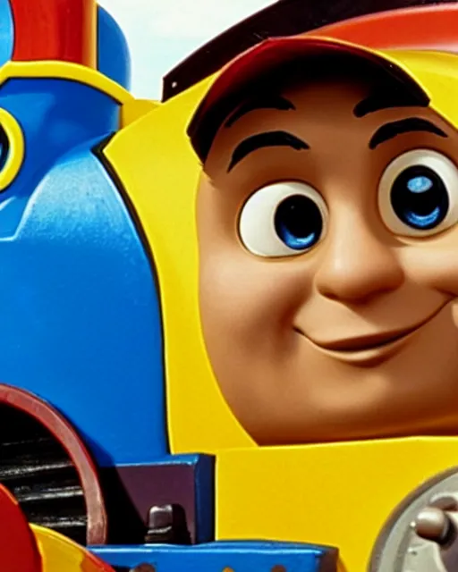 Image similar to Film still close-up shot of Dwayne Johnson as the Thomas the Tank Engine from the movie Thomas and the Magic Railroad. Photographic, photography