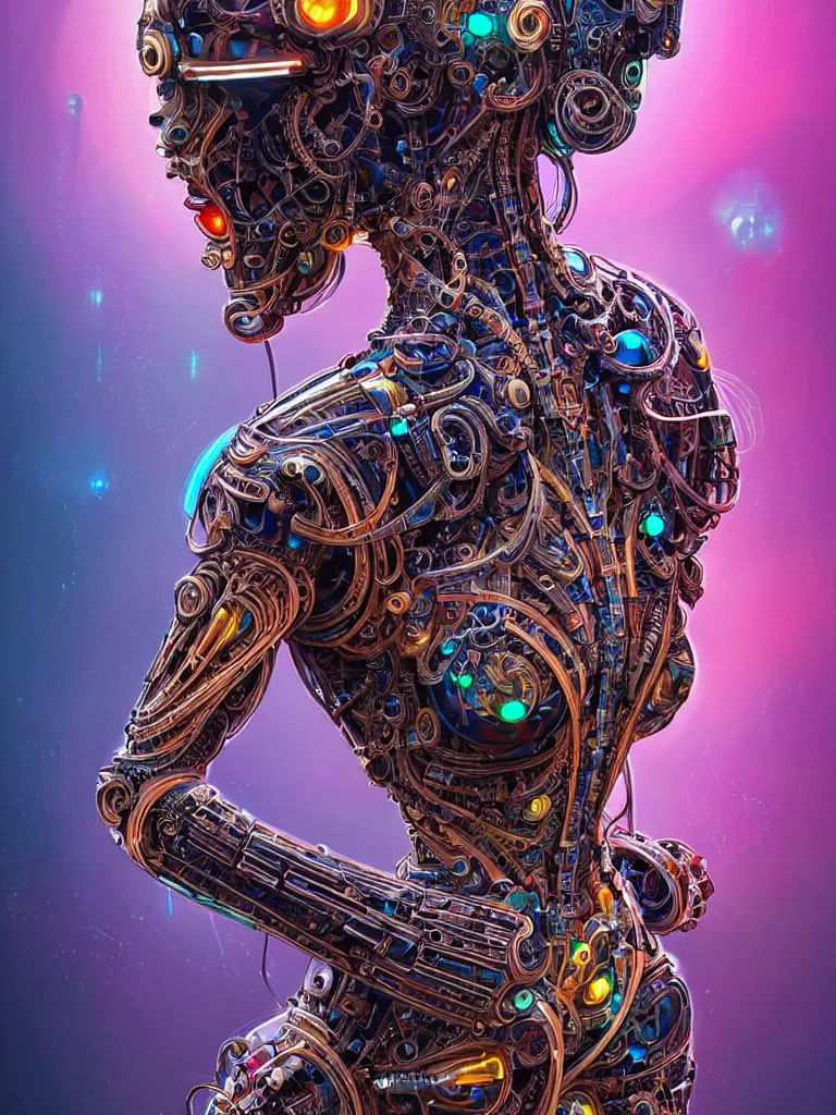 Prompt: full lenght shot woman in biomechanical dress, wearing epic bionic cyborg implants of different colors, detailed intricate ornate cables, by dan mumford, masterpiece, intricate, elegant futuristic wardrobe, highly detailed, artstation, concept art, background galaxy, cyberpunk colors, art by artgerm