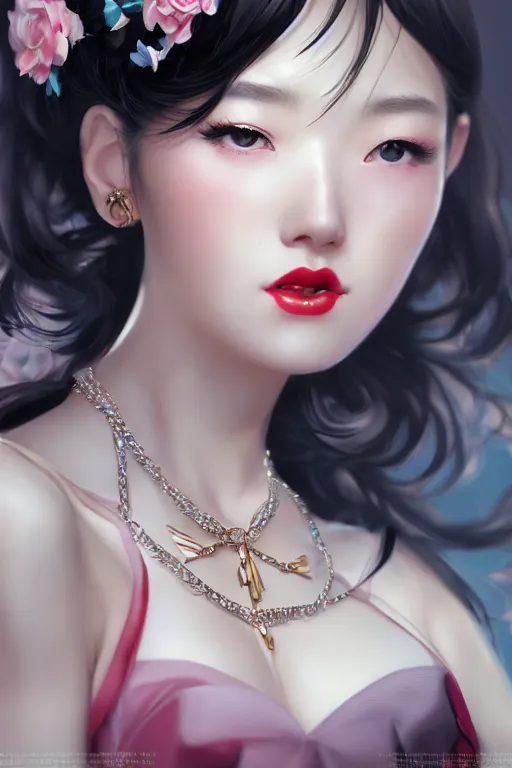 Image similar to a pin up and beautiful fashion and charming and dreamlke japan girl with jewelry, art by artgerm & jeehyung lee & wlop, hyperdetailed, 8 k realistic, lv, dior, symmetrical, frostbite 3 engine, cryengine, dof, trending on artstation, digital art, lv, dior