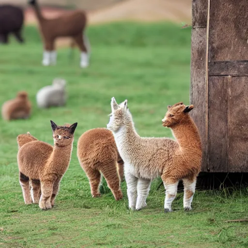 Prompt: photo of baby cats playing the back of an alpaca in peru, scenic shot, 2 8 mm