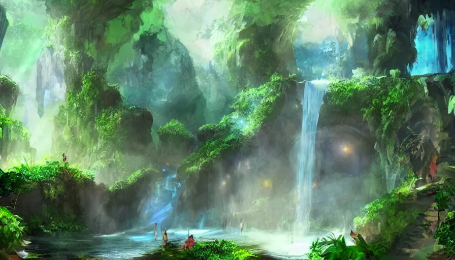 Prompt: concept art of a huge underground jungle cave with waterfalls, luminescent plants, colorful, high detailed, ultra realistic