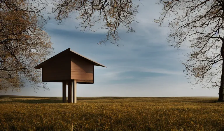 Prompt: A serene landscape with a singular building in the style of Camera obscura