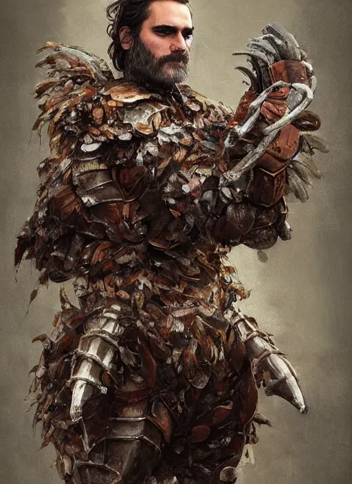 Image similar to digital painting of joaquin phoenix with an armor made of animals, cow horns, pig nose, sheep wool, chicken feather armor, majestic, by anna podedworna and miklos ligeti, diego maricato, taran fiddler, antonino truisi, chris reddie, jinsung lim, trending on artstation