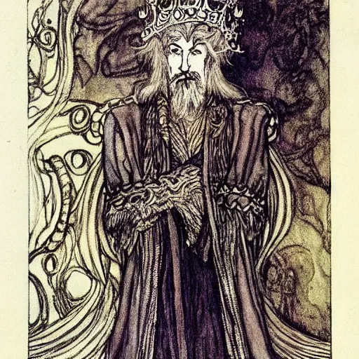 Prompt: A handsom Lord Auberon with blond hair and beard wearing an exquisite suit and a crown, color illustration by Arthur Rackham