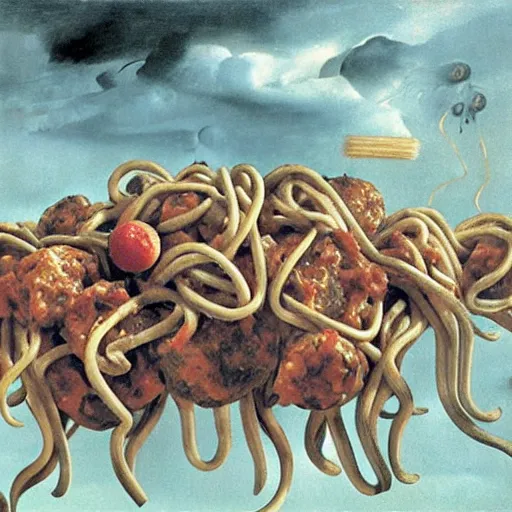 Prompt: a giant mess of women bodies with spaghetti bolognesa and meatballs flying in the stormy sky by dali