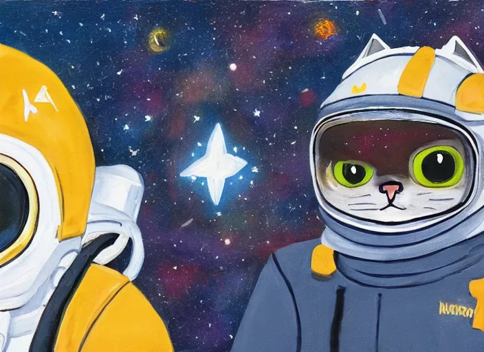 Image similar to painting of a cat dressed as an astronaut with helmet, cute, calico, stars, galaxies, planets, moons, overwatch, winston, stuido ghibli, kotaro mori