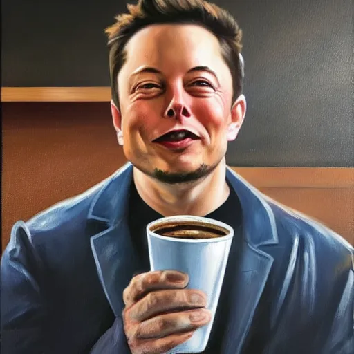 Prompt: realistic oil painting of elon musk as an employee Starbucks barista serving coffee to customers-n 9