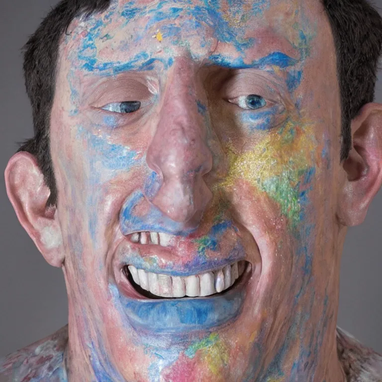 Image similar to beautiful studio photograph of colorful postmodern portrait sculpture of adam sandler smiling, beautiful symmetrical face accurate face detailed face realistic proportions, made of watercolor - painted plaster on a pedestal by ron mueck and matthew barney and greg rutkowski, hysterical realism intense cinematic lighting shocking detail 8 k