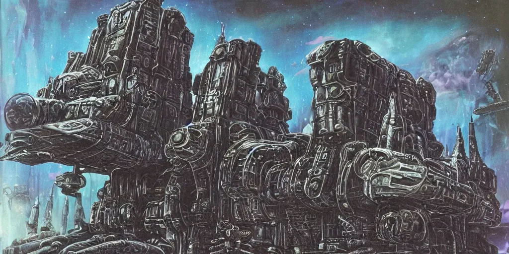 Image similar to an eldritch brutalist gothic airbrush painting of a voidpunk starship ready for battle, illustrated by hg wells, warhammer 4 0 k, lisa frank, josh kirby imperium of man juggernaut, sci - fi and cyberpunk, clean linework, obsidian hull, technological, artificial bejeweled and gilded