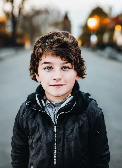Prompt: a personal close up portrait of a 6 year old man from switzerland, his hair is brown and short, his eyes are green, his face is symmetric and friendly, he's proud to be where he is in life, black jacket, ambient light, beautiful composition, magazine photography, full frame, 5 0 mm, f 1. 8