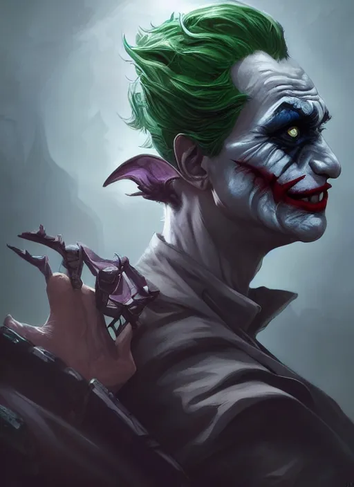 Image similar to the joker, d & d, fantasy, intricate, elegant, highly detailed, digital painting, artstation, concept art, matte, sharp focus, illustration, hearthstone, art by artgerm and greg rutkowski and alphonse mucha